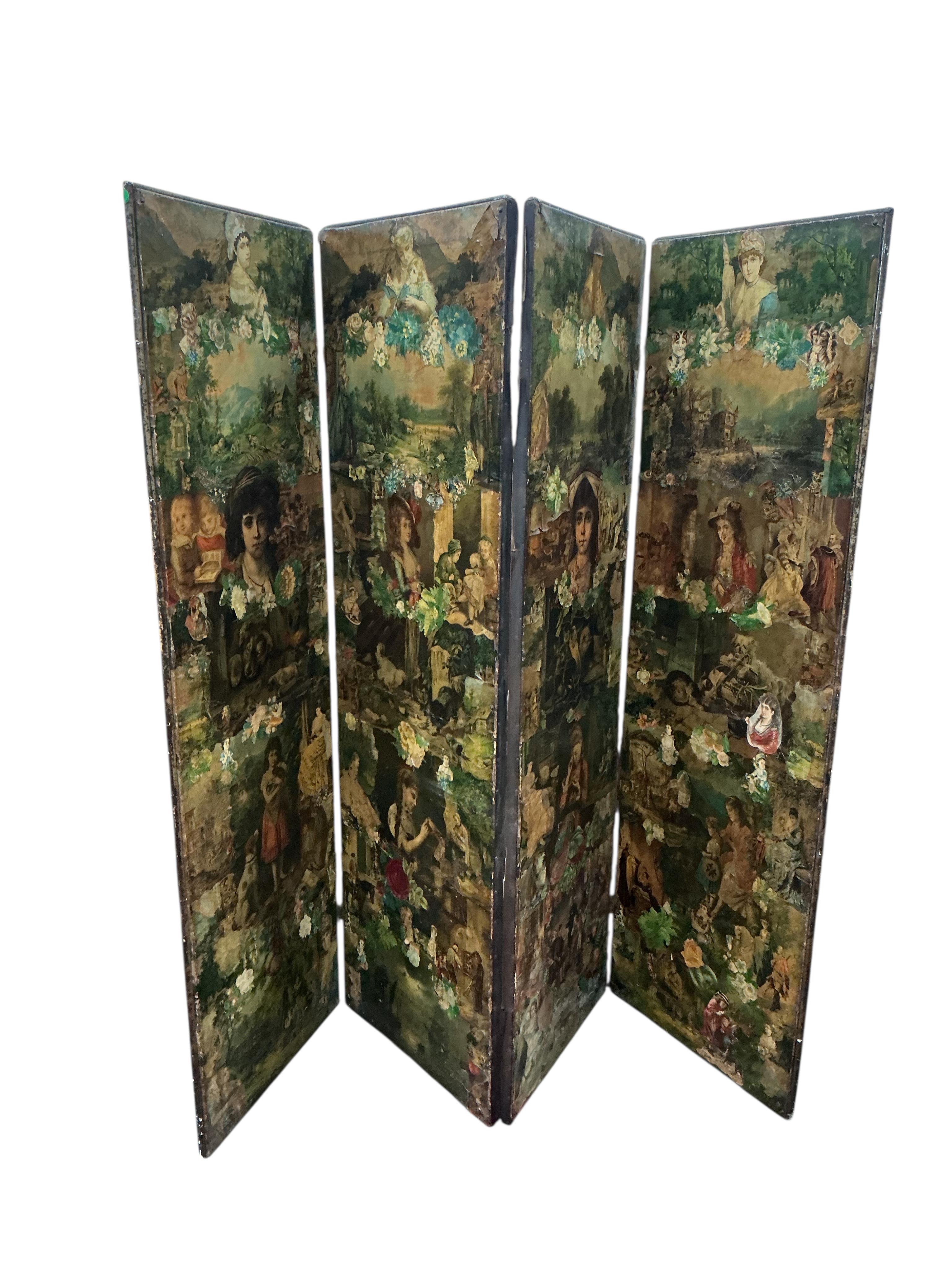 A Victorian four fold scrap screen, each panel width 54cm, height 169cm